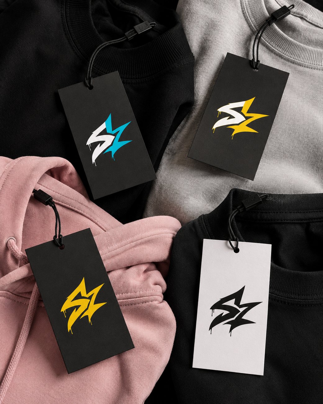 SKEEZE swing tags with the turquoise and white mark resting on pink and black garments