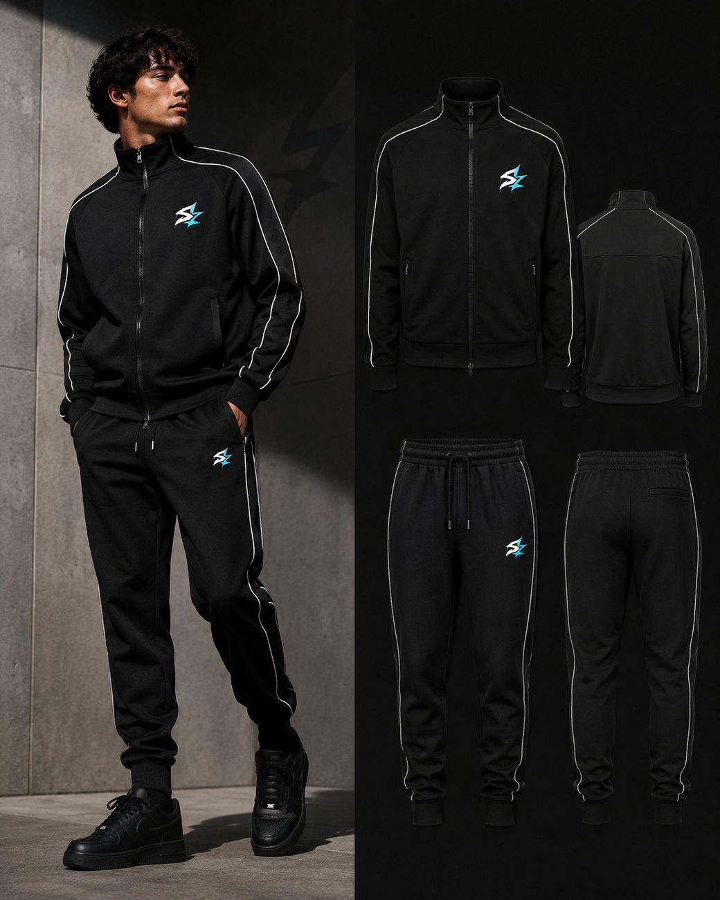 Full black SKEEZE Vector tracksuit shown on a model and as front and back product views