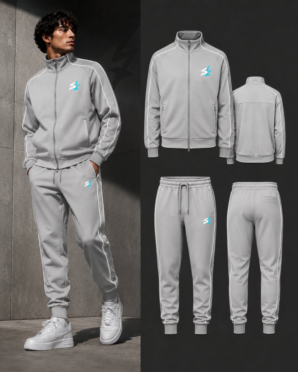 Grey SKEEZE Vector tracksuit shown on a model and as front and back product views