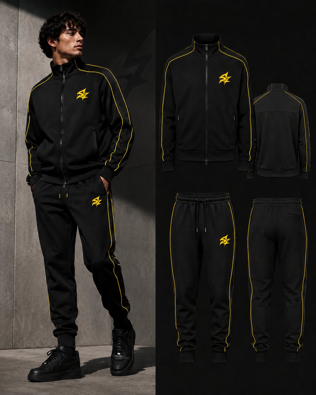 Black and yellow SKEEZE Vector tracksuit shown on a model and as front and back product views