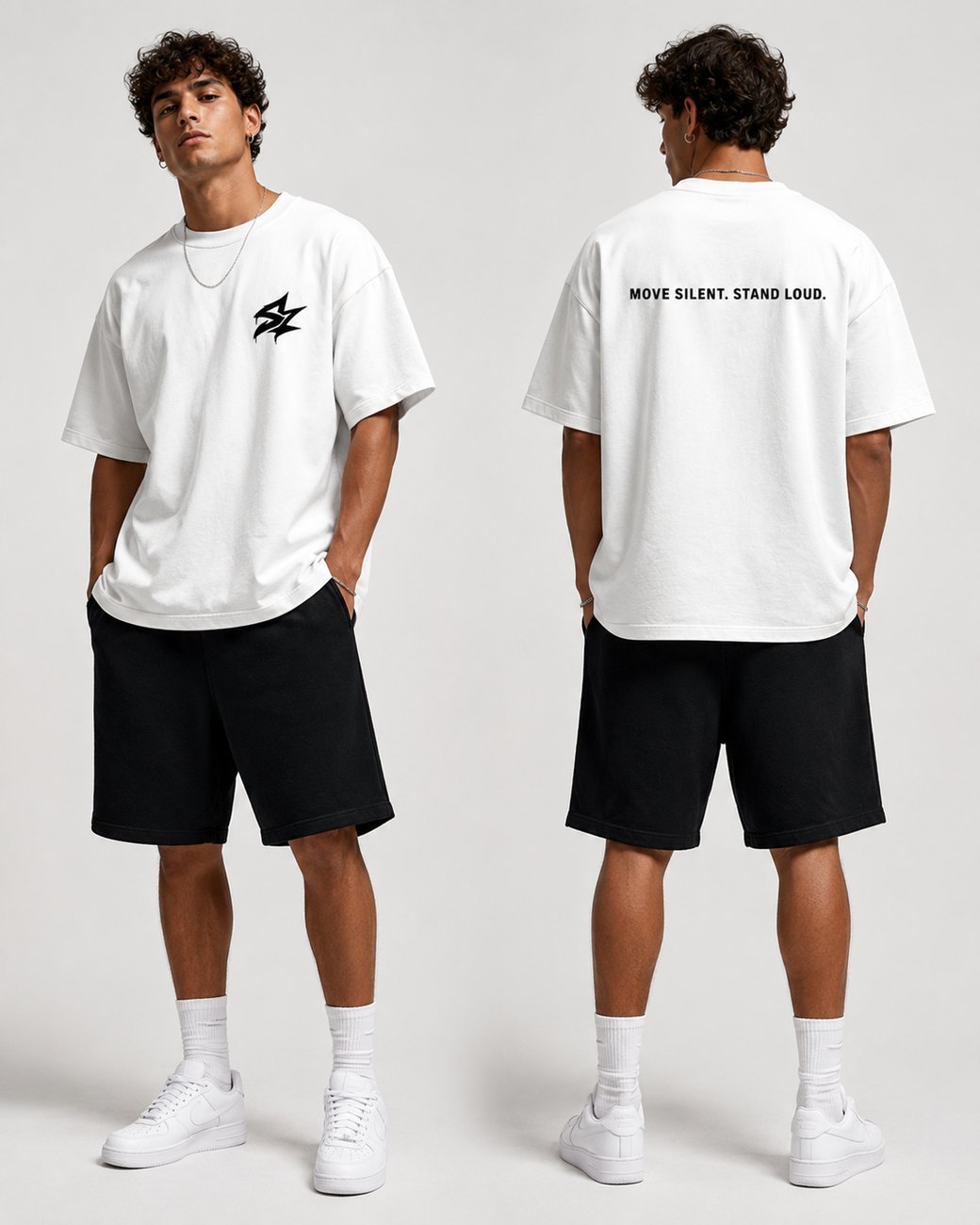 White SKEEZE Core Heavyweight Tee shown on a model and as front and back product views