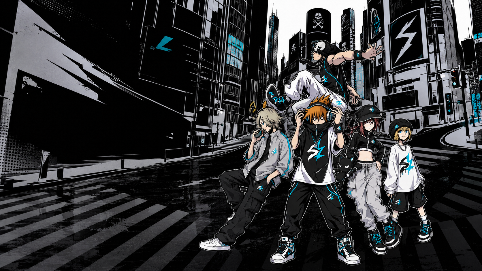 SKEEZE characters wearing the collection in a monochrome city landscape with turquoise details